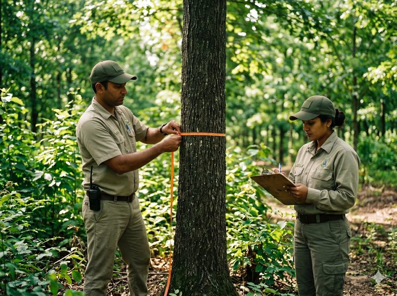 Two forest officers measuring a tree trunk with a diameter tape and recording the reading on a clipboard