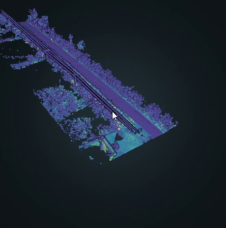 The scanned corridor as a point cloud, the trench running the length of the route beside the carriageway