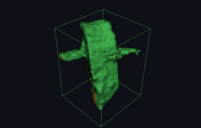 A stope surface as a watertight mesh, green where the scan had returns behind it and amber where the fit supplied a surface