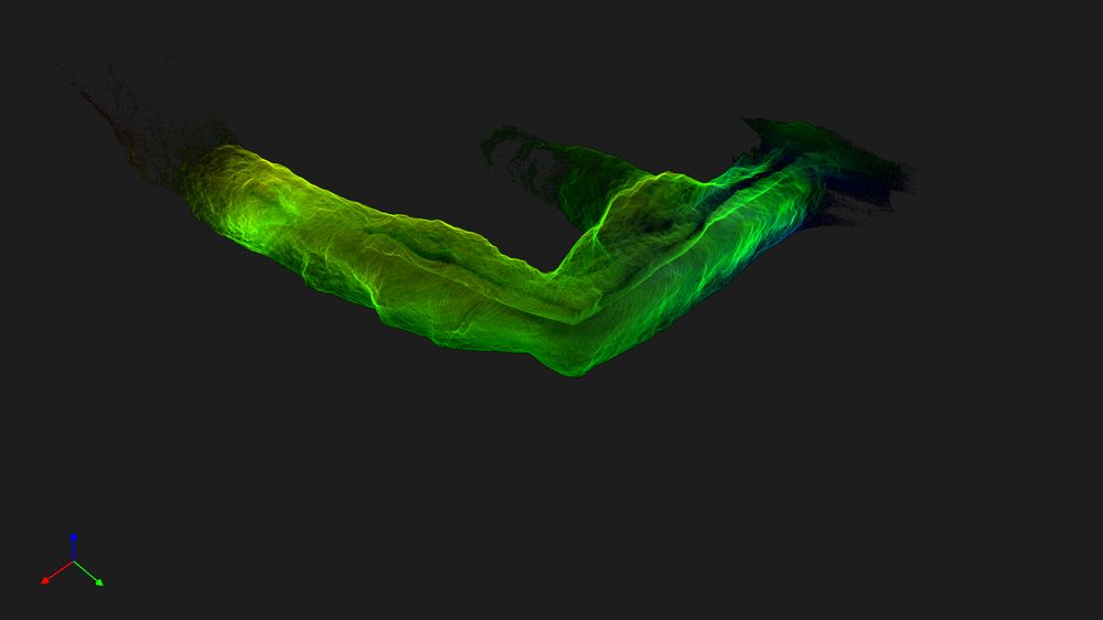 A curving drive captured as a point cloud, turning through a junction