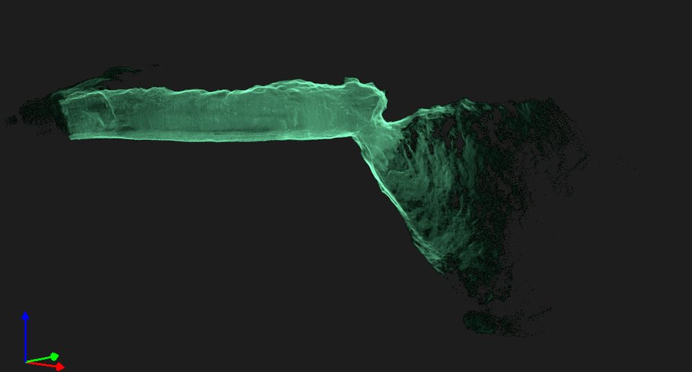 A stope void captured as a point cloud, opening off the end of a level drive